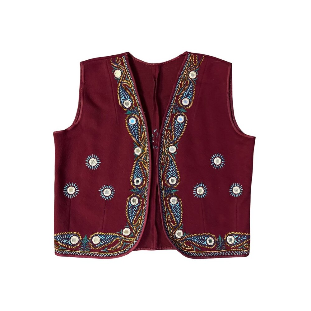 Vintage Handmade Embroidered Vest Child Boys L/XL? Red India Folk Boho Festival
